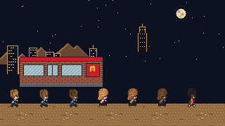 Des silhouettes qui marchent, en pixel art